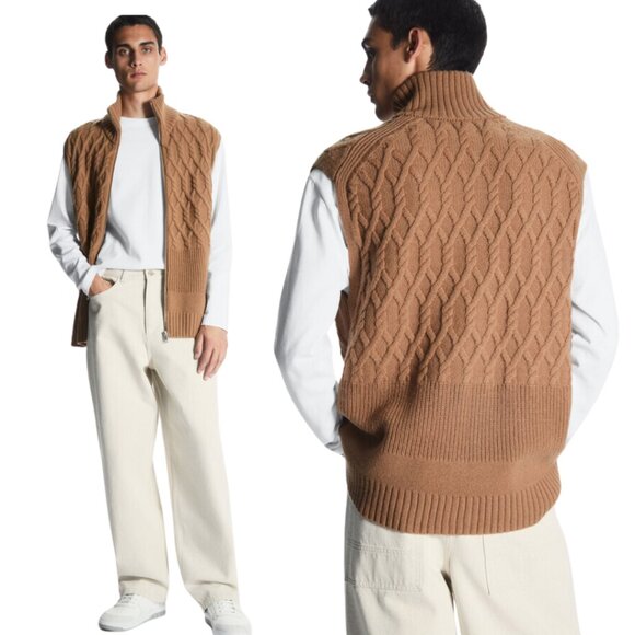 COS Cable-Knit Zip-Up Vest Regular XL Brown Washable Wool - Picture 1 of 9